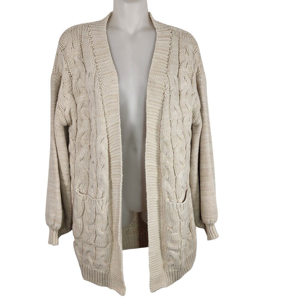 Skies Are Blue Womens Cardigan Sweater XS Cable Knit Open Front Pockets Beige